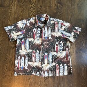 RJC Hawaiian Shirt Mens 2XL Brown Surfboard All Over Print Aloha Cotton USA Made